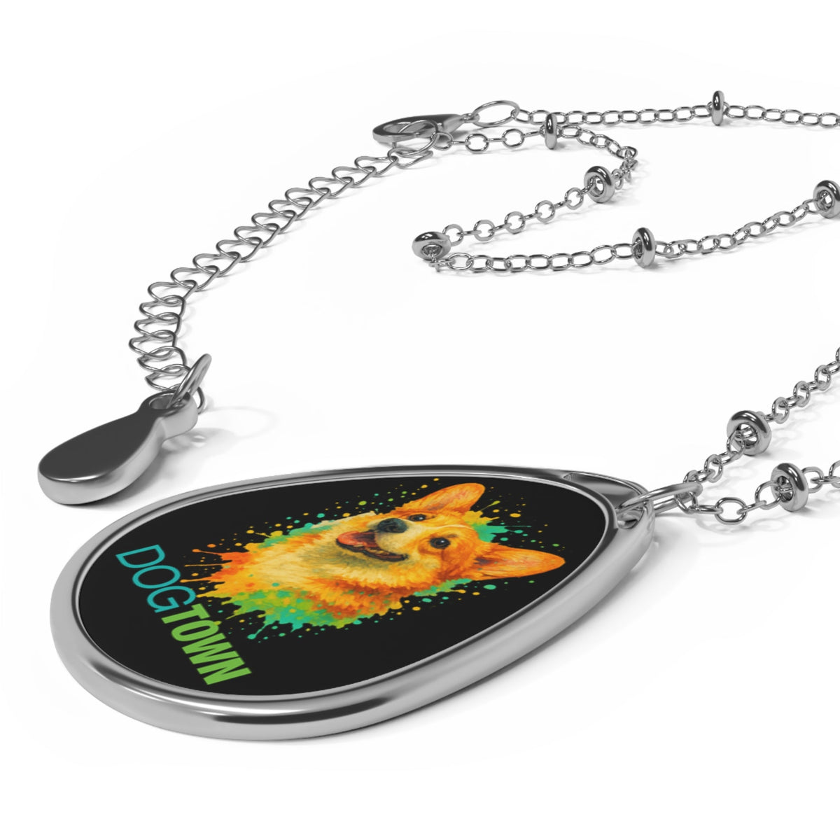 Dogtown Oval Corgi Pendant Necklace Silver