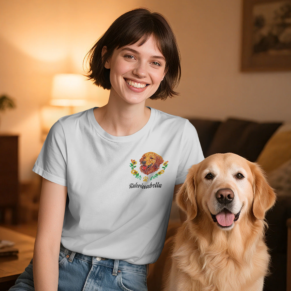 Custom Embroidered Style Personalized Pet Name Wreath T-Shirt