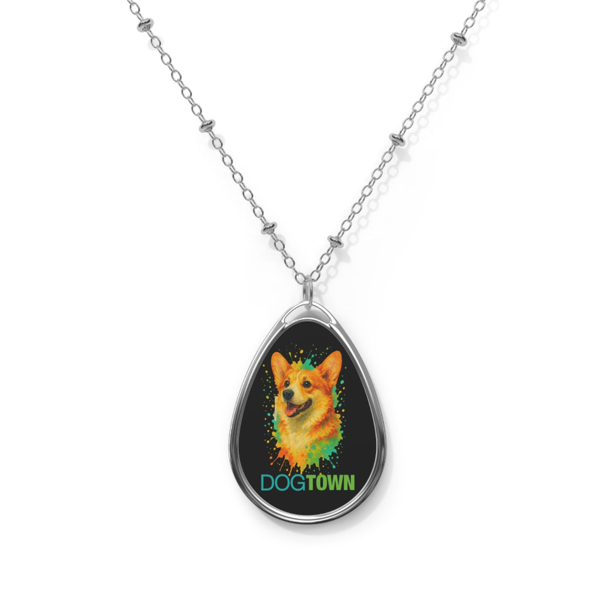 Dogtown Oval Corgi Pendant Necklace Silver