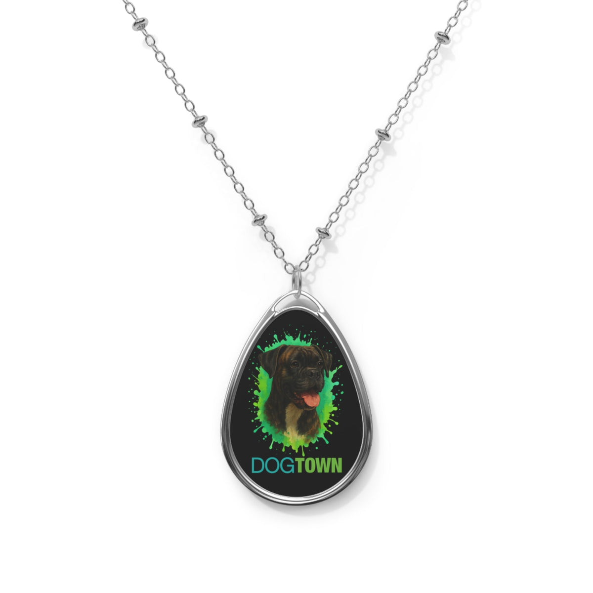 Dogtown Brindle Boxer Oval Pendant Necklace Silver