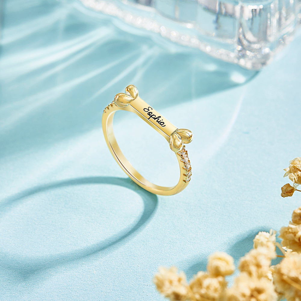 Custom Bone-Shaped Name Engraved Pet Lovers Ring